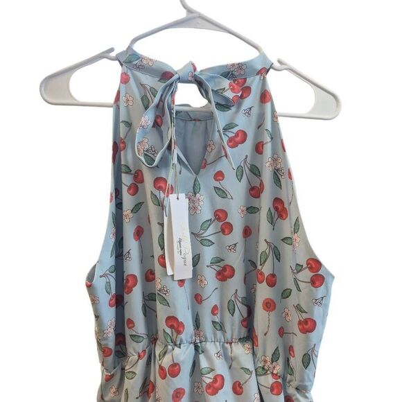 Belle Pogue Women's Baby Blue & Red Cherry Print Poly/Spandex Retro Lined Halter - Picture 6 of 13